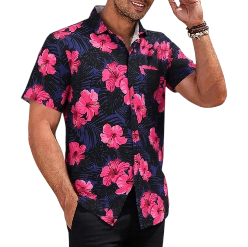 🆕 Men's Navy & Hot Pink Hawaiian Floral Print Button Up Shirt
